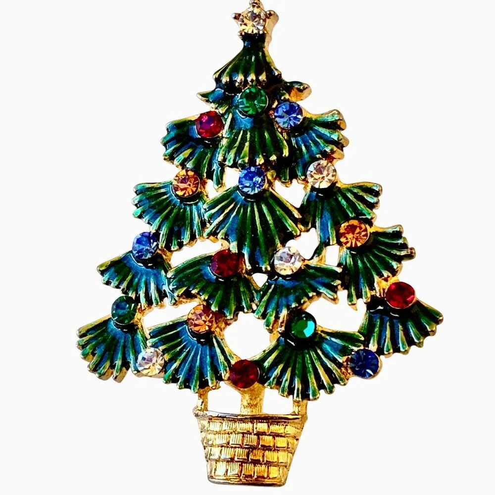 EISENBERG ICE Vintage Christmas Tree Brooch Green Enamel & Rhinestones Signed